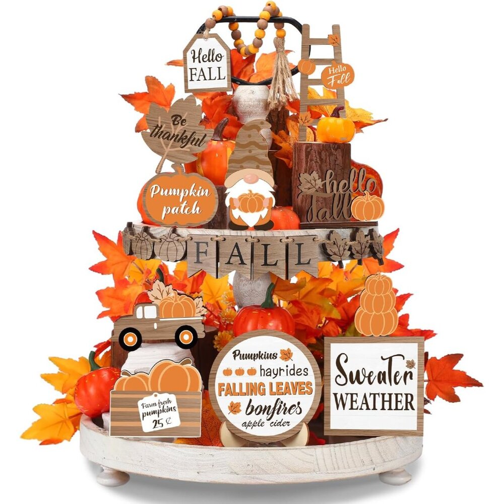 21 Pcs Thanksgiving Tiered Tray Decor Set Fall Pumpkin Gnome Truck Scarecrow Woo